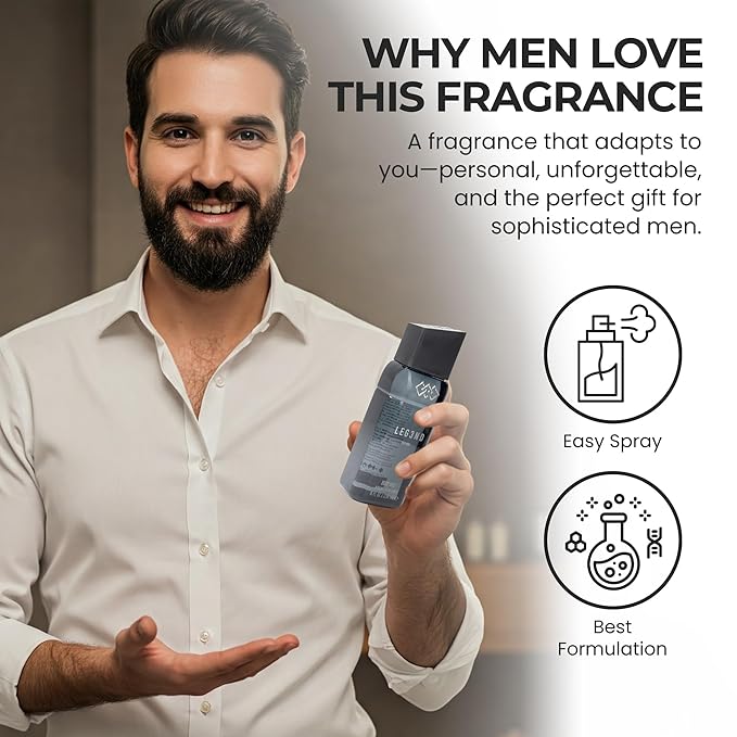 LEG3ND Body Spray for Men - Refreshing & Long-Lasting Fragrance with Natural Essential Oils - Hydrating Body Spray with Mandarin, Vanilla & Cedarwood Notes, 236ml (Black)