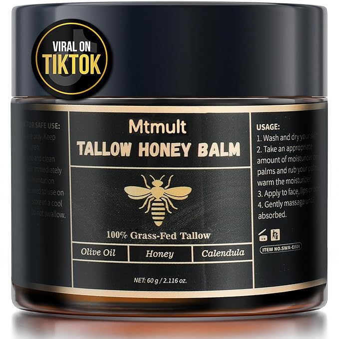Mtmult Beef Tallow for Skin - Tallow and Honey Balm for Face, Hydrating with Grass-Fed Beef Tallow, Raw Honey & Beeswax | Beef Tallow for Face & Body Tallowyn Skin Balm