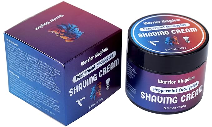 Warrior Kingdom Shaving Cream - Peppermint Eucalyptus. Refreshing Scent. Rich Creamy Lather for the Smoothest Shave. For face, head and body. Gentle, non irritating formula for all skin types.