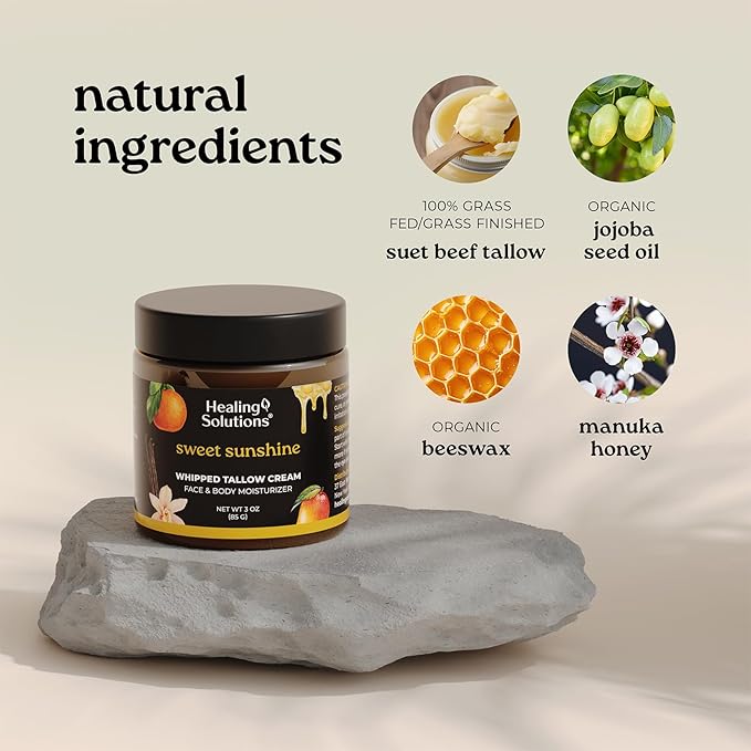 Healing Solutions - Whipped Tallow Balm, Mango, Orange, Vanilla Scent, Grass Fed/Grass Finished Beef Tallow, Organic Jojoba & Manuka Honey for Skin, Face & Body, All Natural Moisturizer, Made in USA