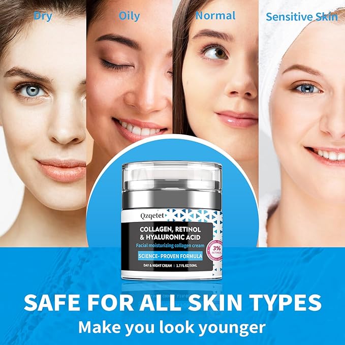 Face Cream Collagen, Retinol & Hyaluronic Acid Cream, 1.7 fl.oz Anti-Aging Facial Moisturizer, Daily Moisturizer Face Lotion for All Skin Tapes, Women and Men