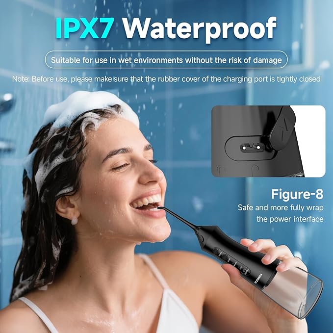 Water Dental Flosser Cordless Oral Irrigator with 300ml 5 Tips 8 DIY Modes 3 Levels 1 Pulse Portable Travle Irrigation Cleaner IPX7 Electric Irrigador Dental for Teeth Cleaning (Black)