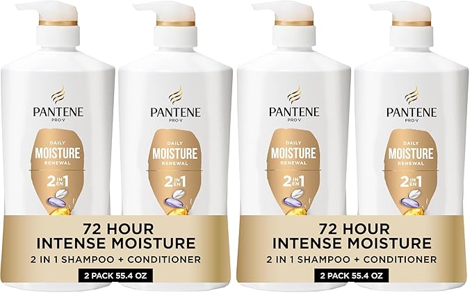 Pantene 2-in-1 Shampoo & Conditioner, Daily Moisture Renewal - Pro-V Nutrients for Dry, Straight to Curly Hair,72-Hour Hydration & Softness, 27.7 Oz Each, + Rescue Shot (0.5 Oz),2 Count (Pack of 2)