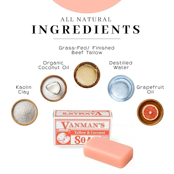 VanMan Beef Tallow and Coconut Oil Bar Soap – Pure Grass-Fed Beef Tallow Soap with Coconut Oil & Kaolin Clay, Subtle Grapefruit Scent, Hydrating & Nourishing, Clean Ingredients, 3.8oz