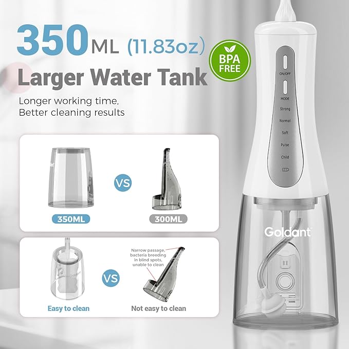 350ML Water Dental Flosser Teeth with Stand Convenient Storage, 5 Modes Portable Cordless Oral Irrigator, Electric Rechargeable IPX7 Waterproof for Home Travel Teeth Cleaning (White)