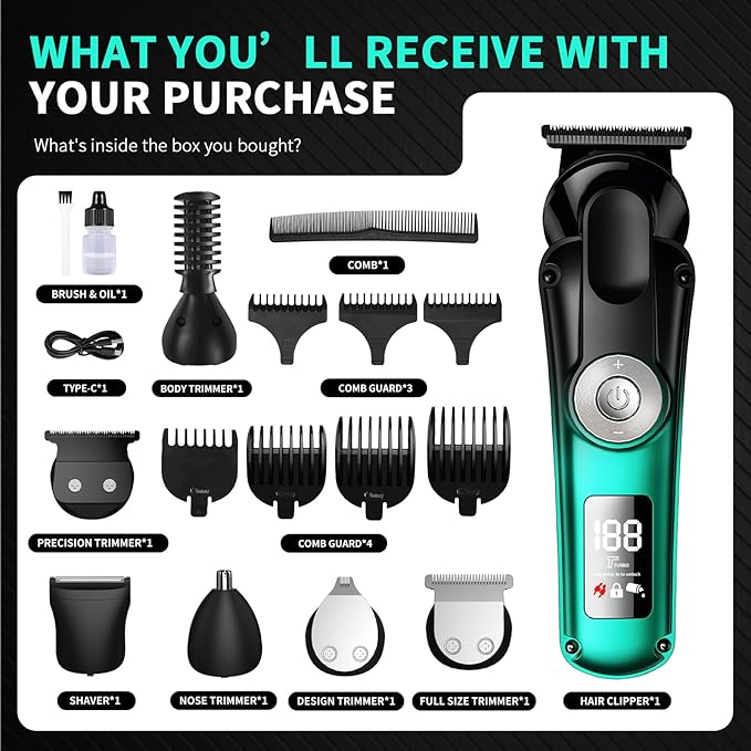 BILLAR 6 in 1 Professional Mens Grooming Kit for Mustache,Body, 17 Piece All-in-One Mens Grooming Kit and Hair Clipper, Nose, Ear,Body and Face, Electric Razor with Type-C Recharge Dock