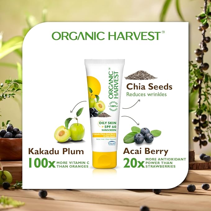 Organic Harvest Sunscreen For Women & Men SPF 60 PA+++ for Oily or Acne Prone Skin | Sunscreen Lotion Protects From Harmful UVA & UVB Rays | Hydrates & Nourished Skin | Sulphate & Paraben Free - 100gm