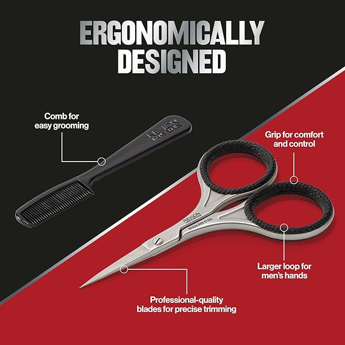 Revlon Men's Beard Grooming Kit, Mustache Trimming Scissors and Facial Hair Comb, Travel Essentials, Stainless Steel Blade, 1 pack