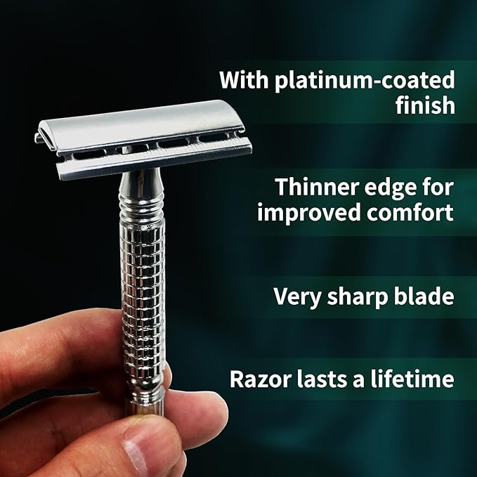 Safety Razor for Men and Women, Reusable Metal Razors, with 10 Platinum Safety Razor Blades, Face Razors for Men Shaving, Sustainable Hair removal and shaving cleaning tools, Metallic Silver