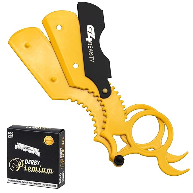 G4 Universal Replaceable Half Blade Straight Razor with 100 Blades, Professional Single Ring Barber Single Edge Shave Razor (Yellow)