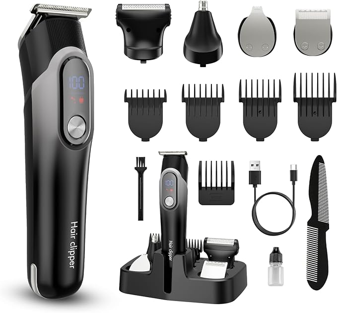 Beard Trimmer for Men, Professional Mustache Trimmer, Rechargeable Electric Razor for Men with T-Blade, Cordless Hair Clippers, Mens Grooming Kits for Body/Face/Ear/Nose, LED Display, Gray