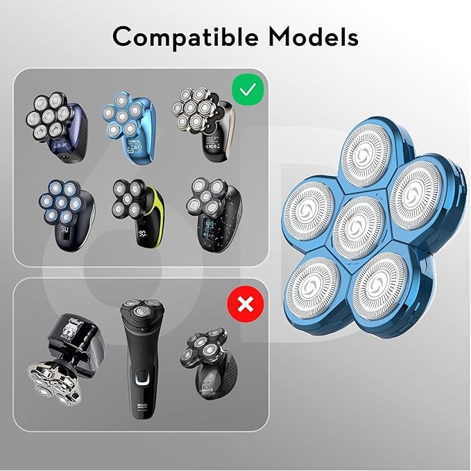 Kibiy Bald Shaver Replacement Heads (6 Blades, Light Blue)