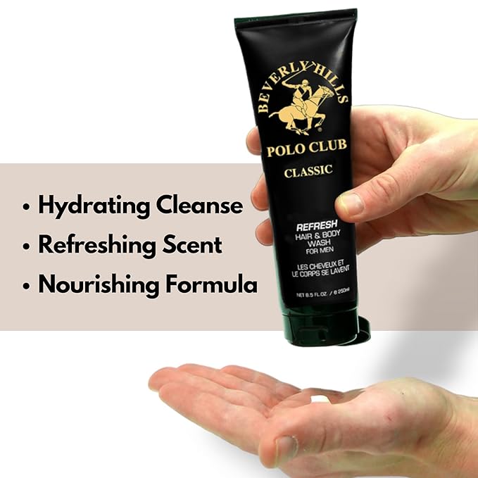 Beverly Hills Polo Club Refreshing and Cleansing Hair and Body Wash for Men with Luxury Designer Scents BHPC 8.5 oz (Classic)
