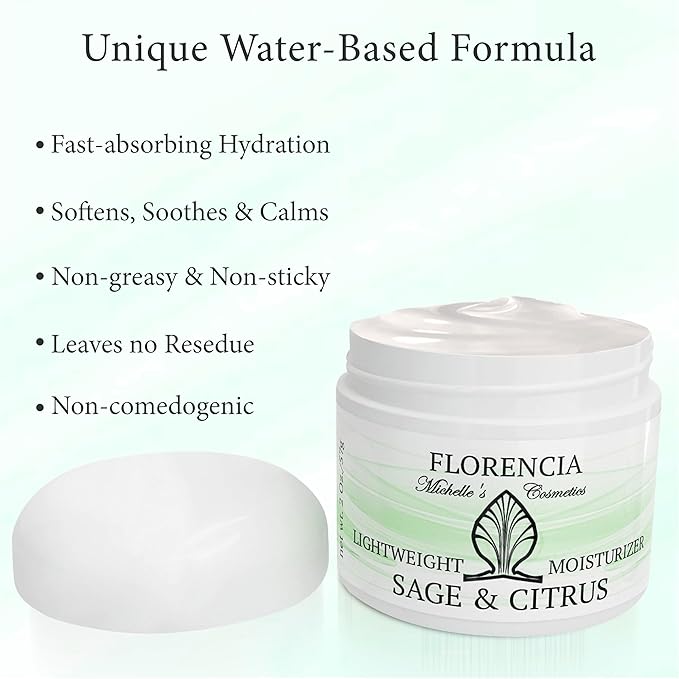 Florencia Sage & Citrus Lightweight Moisturizer - Fast-Absorbing, Hydrating, Nutrient Enhanced Face Cream for Sensitive, Oily, Combination Skin.
