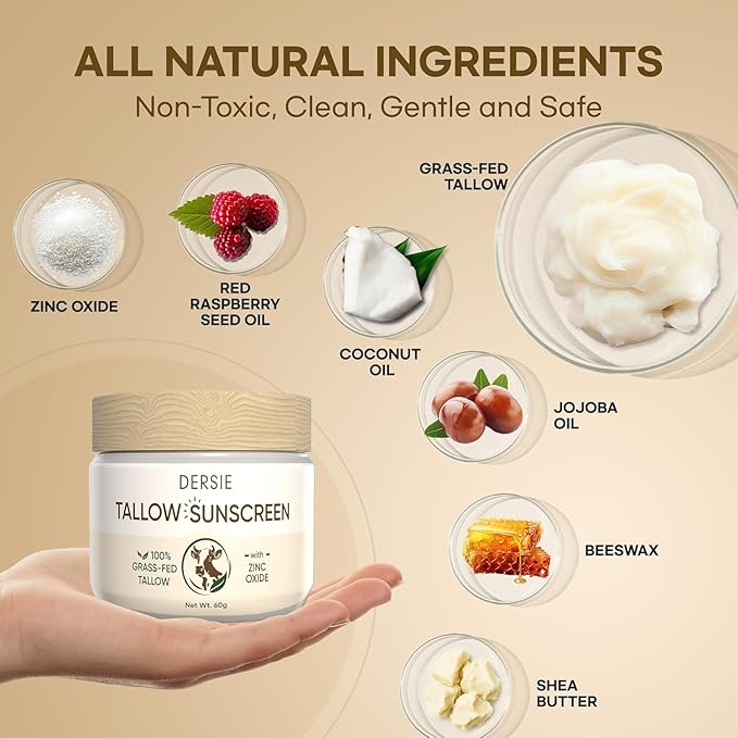 (Pack of 2) Organic Beef Tallow Sunscreen SPF 30: Instant Sun Protection with 100% Grass Fed Tallow and Zinc Oxide - Deep Hydration & Non-Greasy Formula for Adults and Kids (2.12 oz Each)
