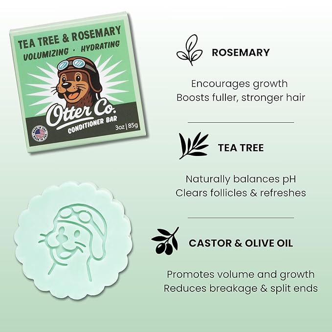 Otter co. Tea Tree & Rosemary Volumizing Conditioner Bar – Castor & Olive Oil, Zinc, Vegan, Hydrating, Sulfate Free & Non Toxic – Men & Women Bar Conditioner for Travel, All Hair Types, Made in USA