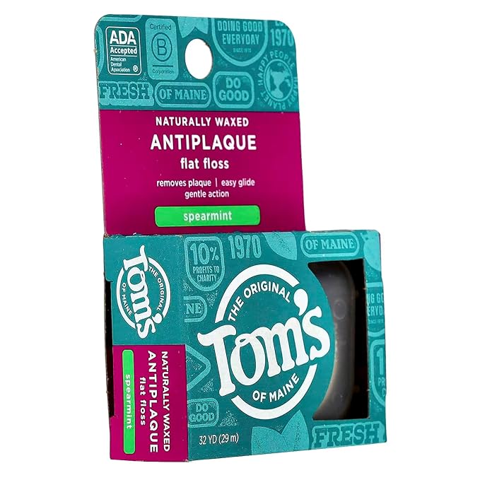Tom's of Maine Natural Waxed Antiplaque Flat Floss, Spearmint, 32-Yards, Pack of 2