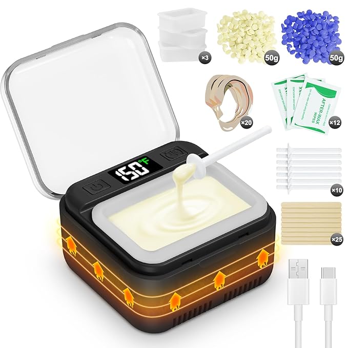 Nose Wax Kit Men,Nose Hair Waxing Kit with Adjustable LED Display,Ear Hair Removal Kit for Men Women 100 g Wax 70 Applicators,Constant Temp,USB Heated,Pocket-Size,Black