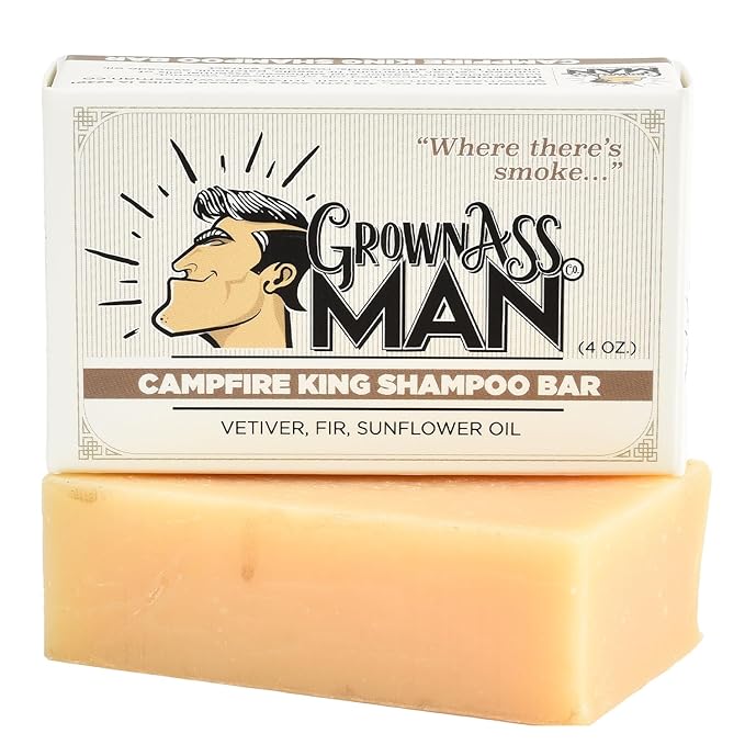Grown Ass Man Co. - Solid Shampoo Bar Rich Lather 3 in 1: Hair, Beard & Body Wash - Plastic Free & Eco-Friendly, Natural & Organic Clean for All Hair Types, 4oz Bar (Campfire King, 6-Pack)