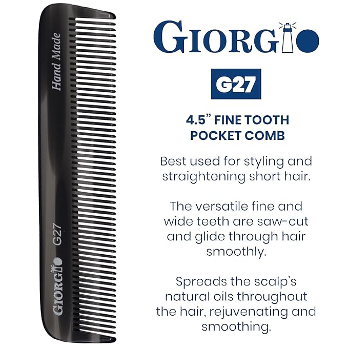 Giorgio G27 Handmade All Fine Tooth Pocket Comb, Hair Comb Straightener for Everyday Grooming Styling Hair, Mustache and Beard for Men Women and Kids, Saw Cut and Polished (Black Graphite)