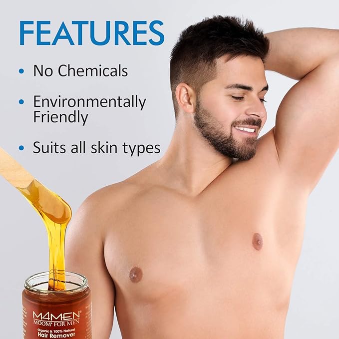 MOOM Organic Hair Removal Sugar Wax for Men with Aloe Vera & Chamomile – Soft Wax for Sensitive Skin & Men Hair - Perfect for Back, Chest, Eyebrow & Body - 6 oz