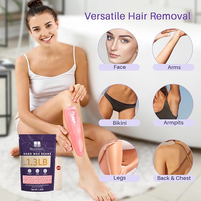 BLITZWAX Rose Wax Beads for Hair Removal 1.3lb Hard Wax Beans for Sensitive Skin, with 10 Wooden Sticks for Bikini, Face and Brazilian, Suitable for Women Men at Home Salon