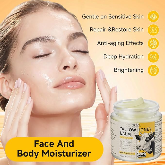 Beef Tallow for Skin,Body,Tallow Face Moisturizer for Eczema,Lip Balm,Whipped tallow honey balm,Organic Grass-Fed,All Natural Body Lotion for Women & Men,Tallow Cream Skincare,Unscented 4.2 OZ