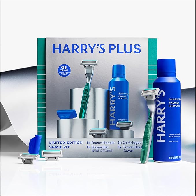 Harry's Plus Men's Father's Day Gift Set with Shaving Razor, 3 Blade Refill Cartridges, 6.7 FL OZ Foaming Shave Gel, Shaving Kit for Men