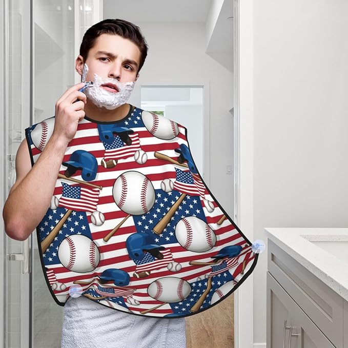 Waterproof Beard Trimming Bib, Non-Stick Hair Catcher for Men Shaving, Grooming Apron for Husband Dad, Baseball Rustic Wooden American Flag Shave Bib