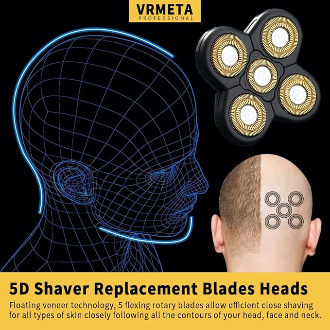 Men's Electric Shaver Replacement Heads 5D Sharp Head Shaver Replacement Heads Floating Shaver Blades for Electric Rotary Shaver (5 heads Gold)