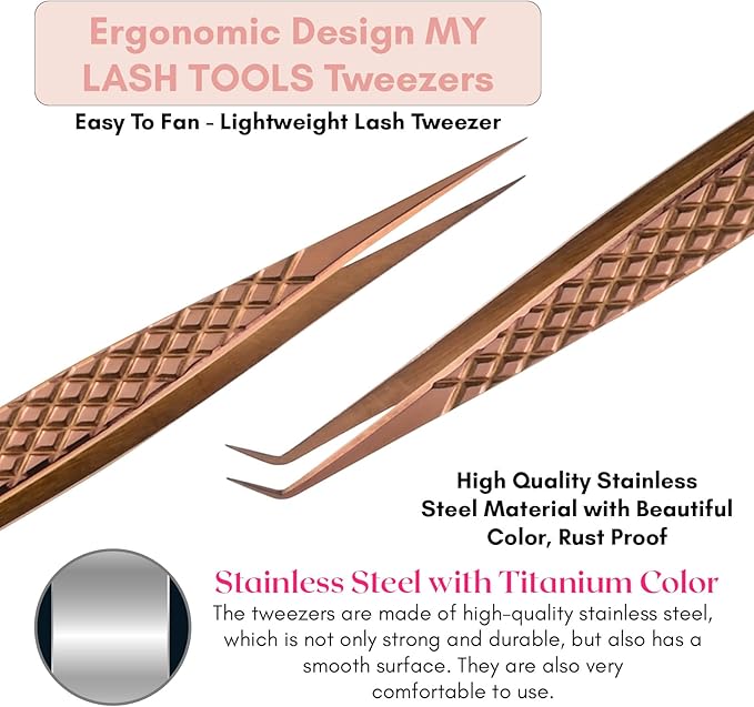 2pcs Curved & Straight Isolation Tweezers for Eyelash Extensions – 14cm Stainless Steel, Copper color Tweezer Set, Best for Classic & Individual Lashes, Professional Pinzas para Pestaña