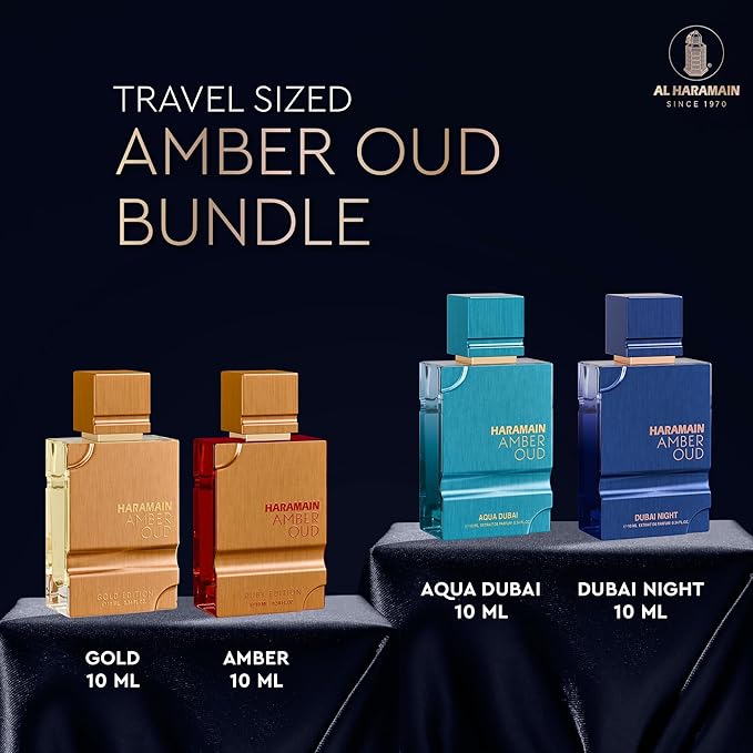 Al Haramain Amber Oud Eau de Parfum 4PC 10ML Each Mini Perfume Set for Women & Men – Cologne Gift Set, Unisex Arabian Perfume Sampler with Gold & Ruby Edition, Dubai Night and Aqua Dubai Fragrances