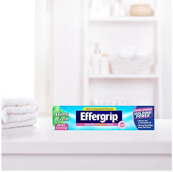 Effergrip Denture Adhesive Cream, Minty Fresh, 2.5 Oz, Zinc-Free Formula with Extra Strong Grip