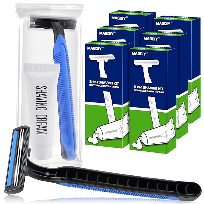 6 Pack Disposable Razors Bulk with Shaving Cream (10g) for Men, Shaving Kit for Men, Twin Blade Disposable Razors and Travel Cream, Individually Wrapped Toiletries for Homeless Shelter Hotel