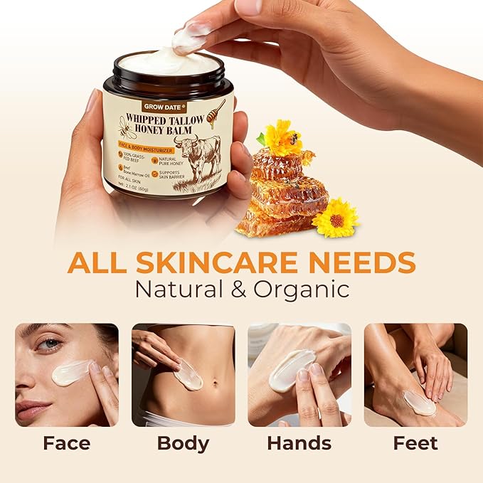 Beef Tallow for Skin - Organic Tallow and Honey Balm for Face - Whipped 100% Grass-Fed Beef Tallow & & Raw Honey, Body Deeply Nourishing for Women & Men, Suitable for All Skin Type - Unscented 2.1 OZ