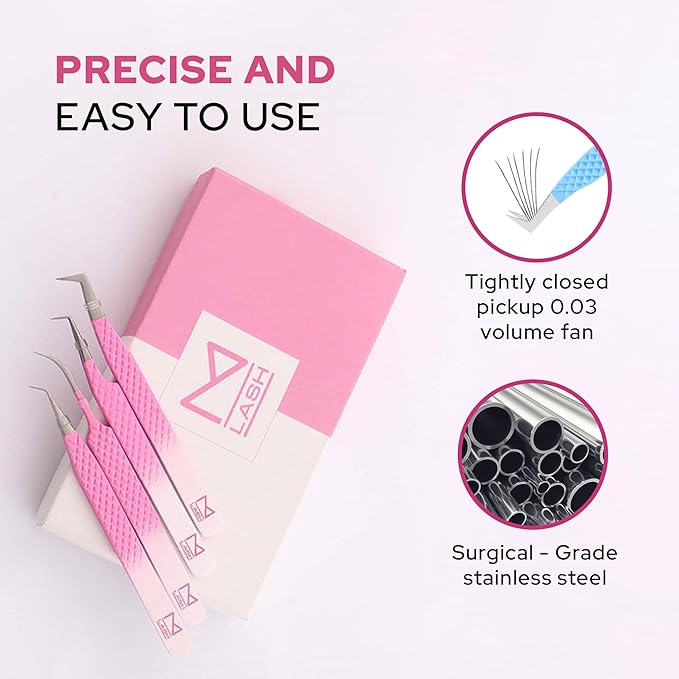 M LASH Tweezers for Eyelash Extensions (Set of 4) - Professional Lash Extension Tweezers - Fiber Tip, Japanese Steel, Diamond Grip Eyelash Extension Tweezer set (Gold)