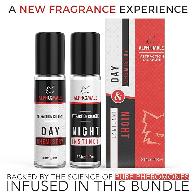 AlphaMale Day and Night Pheromone Infused Cologne for Men 2 Pack – Fresh Day & Musk Leather Night Fragrance – Pheromone Fragrance Roll-On – Long Lasting Scent – Travel Size 0.34 Oz Each