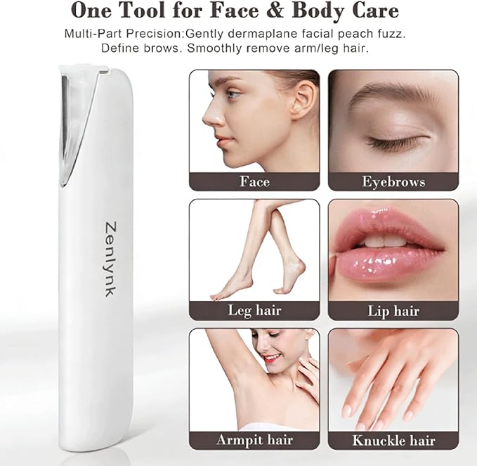 Vibration-Assisted Manual Dermaplane Razor for Women Face, Zenlynk Facial Exfoliator & Peach Fuzz Trimmer with 3 Vibration Modes, LED Light, 5 Replacement Blades & Exfoliating Scrubber, White