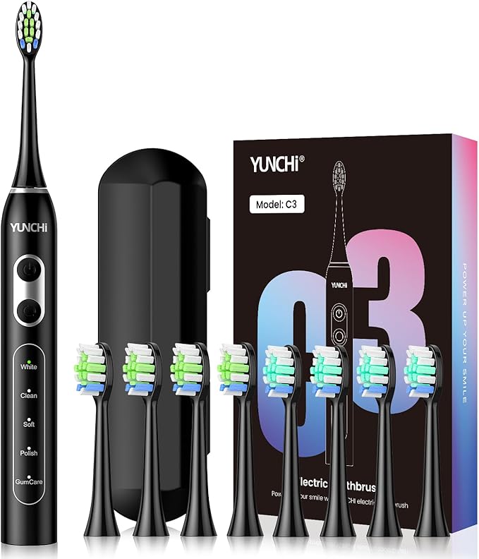 YUNCHI Electric Toothbrush for Adults and Kids, Rechargeable Sonic Electric Tooth Brush with 8 Brush Heads, 90 Days, 5 Models & 2 Minutes Smart Timer, Travel Case, 44000 VPM Motor, Black