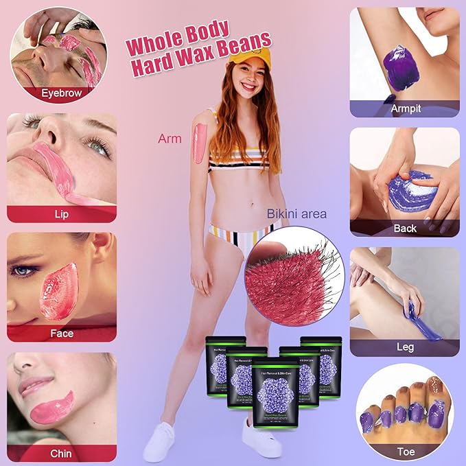 Wax Beads for Hair Removal 1.1 lb (17.6 oz), Hard Wax Beads for Sensitive Skin - Brazilian, Face, Bikini, Legs, Eyebrow, Painless Waxing Beads Kit for Women Men, 5 Packs with 10 Wax Sticks