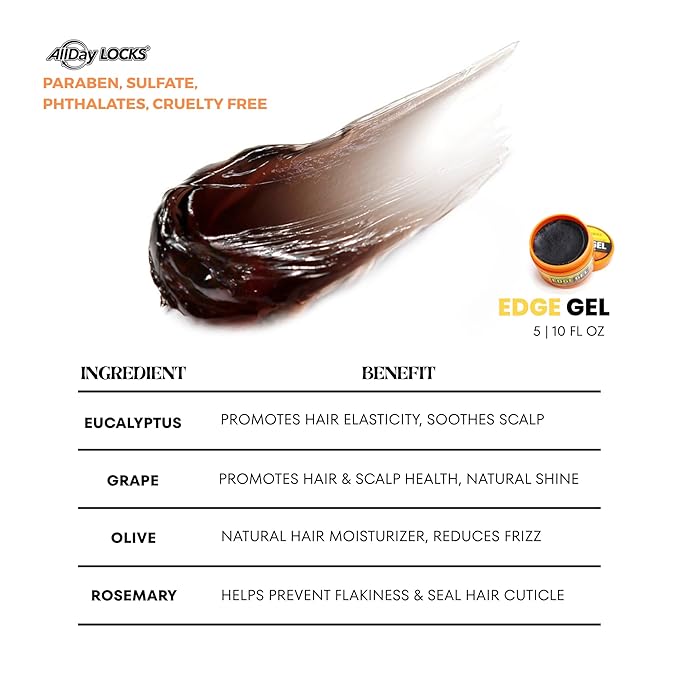 AllDay Locks Edge Gel (10 oz) | Extreme Hold, Moisturizing Edge Control Smoother | Eucalyptus, Rosemary, Olive Oil | No Frizz, Flakes, or Grease | Sleek 'n Slay Edge & Baby Hairs | 10 oz