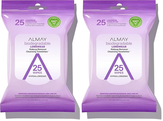 Almay Face Makeup Remover Wipes, Longwear & Waterproof, Hypoallergenic, Fragrance Free, Dermatologist & Ophthalmologist Tested, 25 Count (Pack of 2)