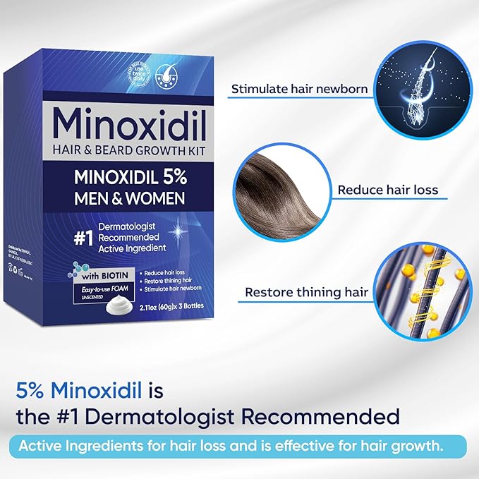 5% Minoxidil Foam for Men & Women, Minoxidil For Women Hair Growth, Extra Strength Hair Regrowth Treatment, Lightweight Non-Drip Formula for Scalp & Beard, 180ml (3 Packs)
