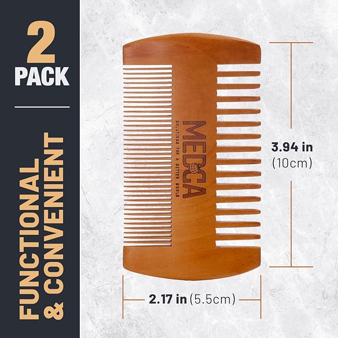 Wooden Beard Comb for Men - Pack of 2, Handcrafted Solid Beechwood Beard Combs, Mustache and Head Hair Pocket Comb with Leather Case - Dual Action Fine & Coarse Teeth