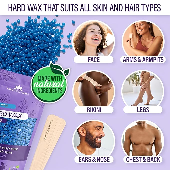 Tress Wellness Waxing Kit for Sensitive Skin, Safe for Face & Skin, Prep & Aftercare Spray, Easy to Use, At-Home Kit for Face, Bikini, Brazilian & Full Body - Digital Display, Black Purple Flower