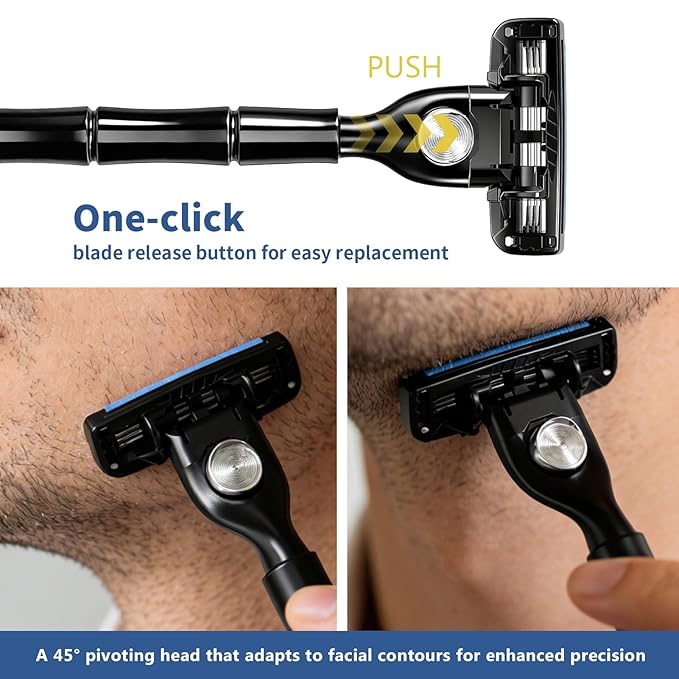 3-Blade Men Razor with Lubricating Strip & Pivoting Head - Safety Razor Blades Kit Includes 2 Handles, 8 Razor Blade Refills, Wall Hook & Cleaning Brush