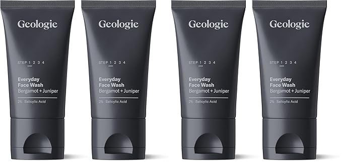 Geologie 2% Salicylic Acid Face Wash Bergamot + Juniper Scent | Facial Cleanser for Men & Women | Acne & Oil Control | Deep Cleansing & BHA Exfoliating Face Wash | 4-Pack