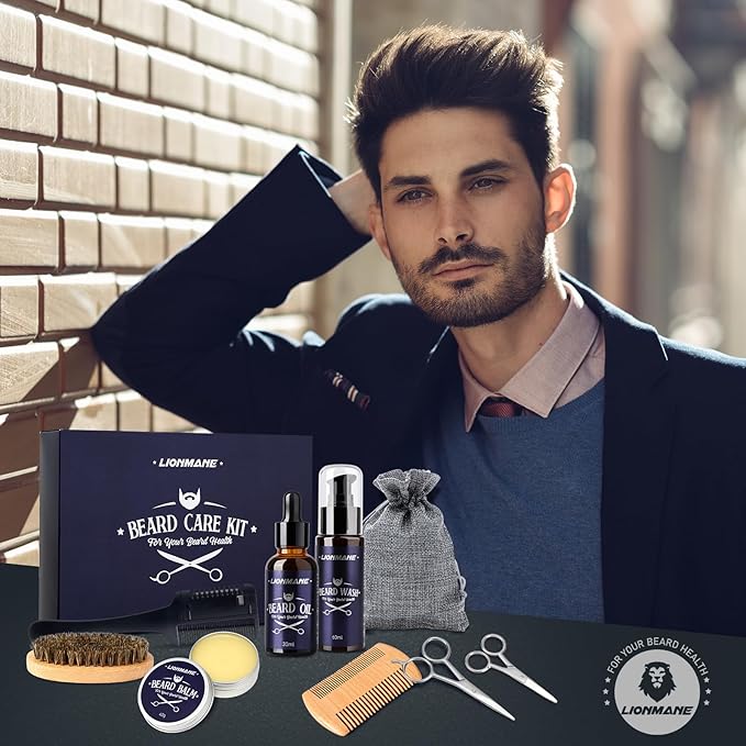 Lionmane Beard Care Gifts Kit for Men, Beard Mustache Grooming Kit-Beard Balm, Beard Wash, Beard Oil, Brush, Scissors, Birthday Anniversary Thanksgiving Gifts for Husband/Boyfriend/Dad/Him