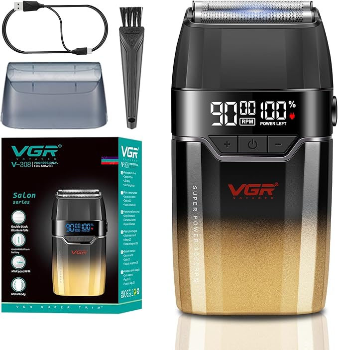 VGR 308 Electric Shavers for Men, Professional Double Foil Shaver 9000RPM Cordless Head Shaver with Titanium Foils, LED Display, USB Rechargeable Men's Electric Razor for Face & Beard, Gold