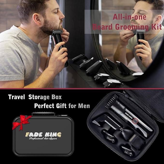 FADEKING Beard Trimmer for Men, Professional Hair Trimmer, Waterproof Electric Beard Trimmer Razor for Nose, Body, Face & Mustache, Cordless Hair Clippers, Grooming Gifts for Men (Red)